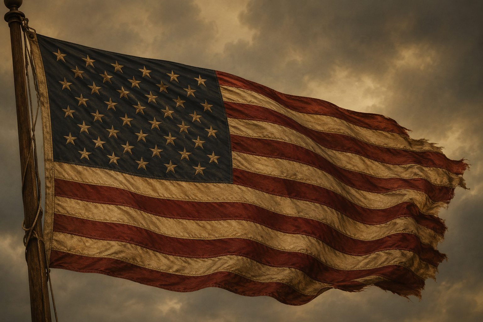 The flag of the United States of America, weathered and flying — 250 years of the republic